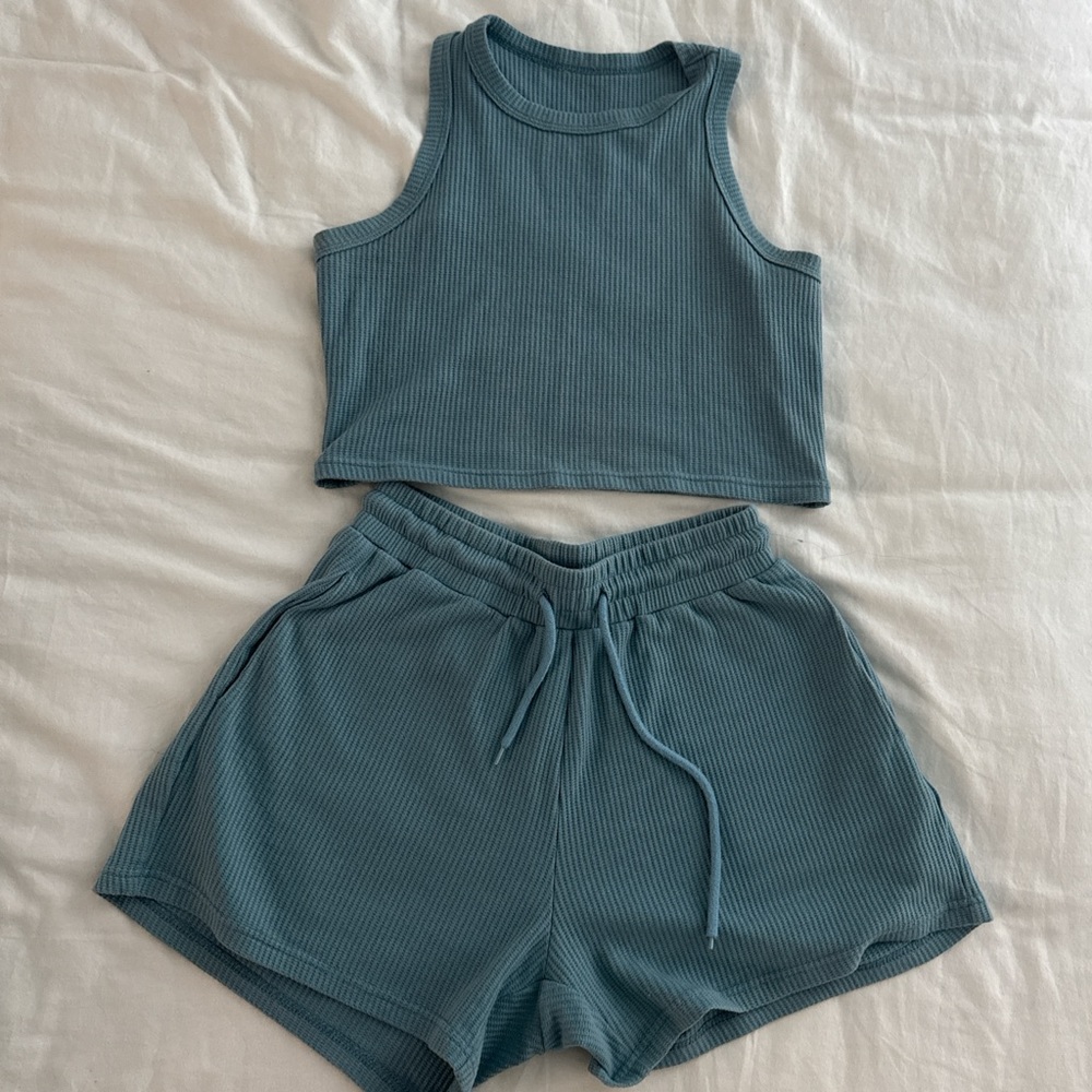 Blue Ribbed Tank and Shorts Set